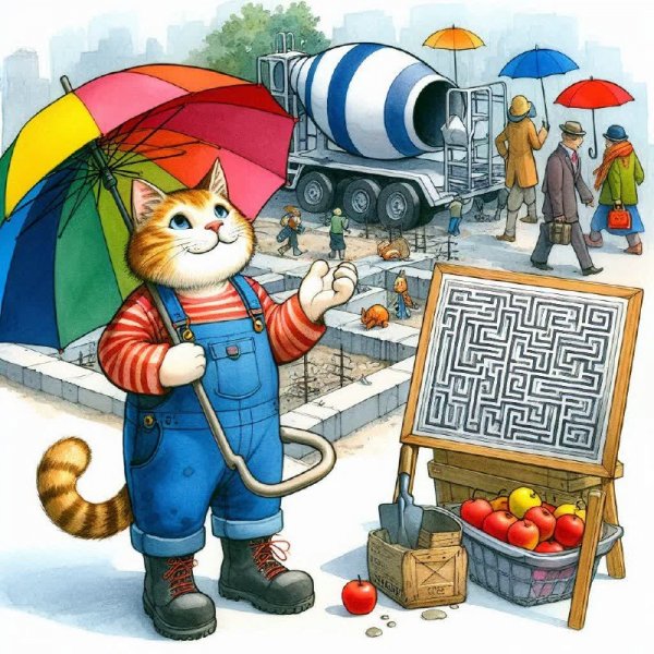 Строительный котик и радужный зонт: акварельный лабиринт. Изображение из нейронной сети Dalle-3