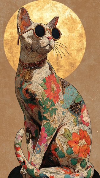 Кошачий шик: татуированный кот на пляже в стиле японских мастеров. Изображение из нейросети Миджорни