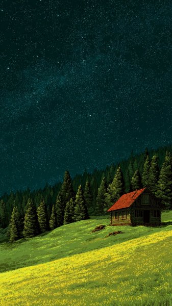 Ночная сказка: одинокий дом на вершине холма под звездным небом. Нейронная сеть Миджорни