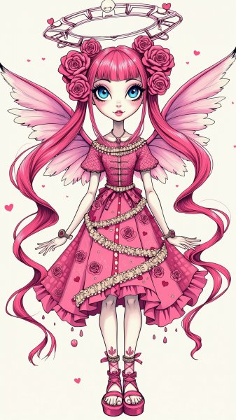 Милая ангел в стиле Monster High с розовыми волосами и голубыми глазами. Картинка из нейронной сети Flux.1