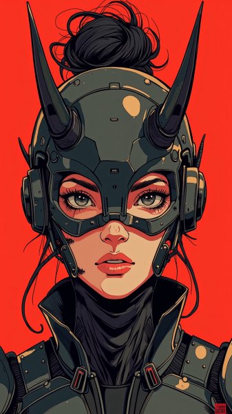 Кибернетическая женщина в футуристическом шлеме с рогами и металлической броней. Изображение из нейронной сети Flux Ai