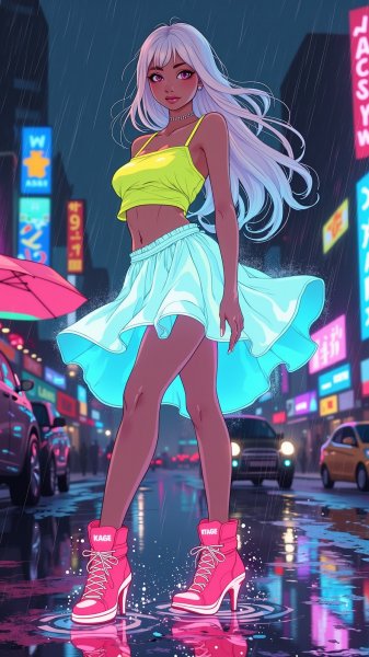 Яркая нимфочка под дождем: неоновый поп-арт и игривая эстетика. Генерация из нейросети Flux