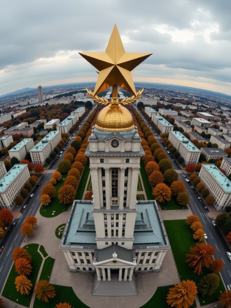 Золотая звезда над городом: величественная симметрия в осенних тонах. Изображение из нейронной сети Flux 1