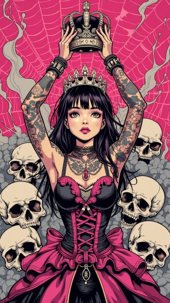 Принцесса в черном и розовом: Тёмная фантазия с черепами и паутиной. Генерация из нейронной сети Flux 1