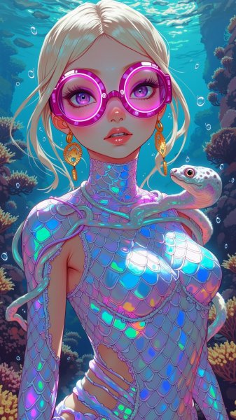 Неоновая блондинка в голографическом костюме под водой. Нейронная сеть Flux Ai