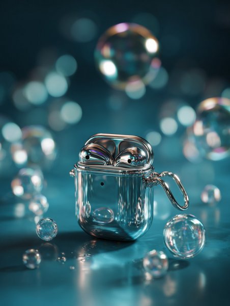 Хромированная скульптура в стиле AirPods и мыльные пузыри. Нейронная сеть Midjourney