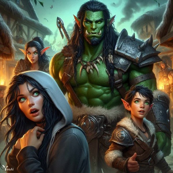 Встреча двух миров: неожиданная семейная идиллия в фэнтезийном поселении. Картинка из нейронной сети Dalle