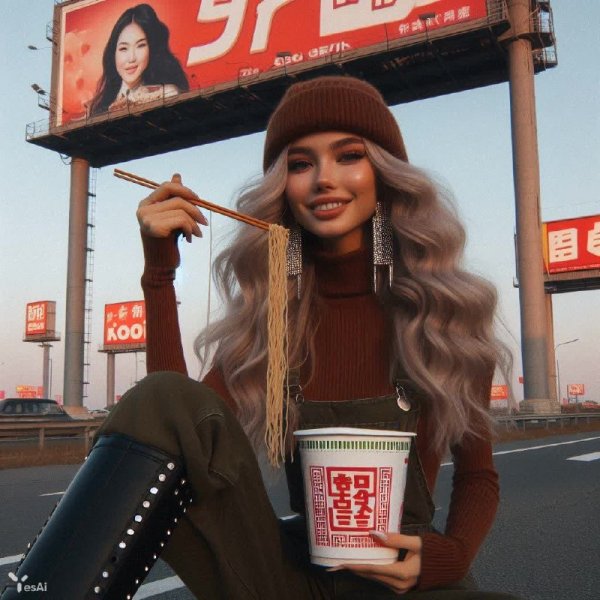 Ретро-хулиганка: лапша на фоне городских огней и нежного заката. Изображение из нейронной сети Dalle