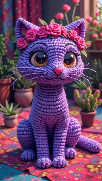 Игривая кошка из фиолетового вязаного чуда. Нейросеть Flux