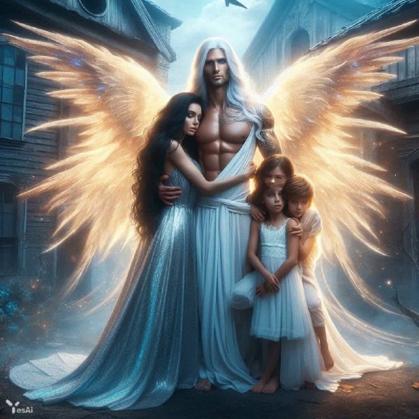 Семья в волшебном сиянии старого приюта. Картинка из нейросети Dalle