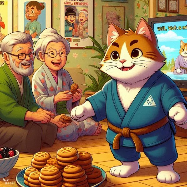 Котик-дзюдоист навестил бабушку и дедушку: уютный вечер в кругу семьи и любимых мультиков. Генерация из нейросети Dalle-3