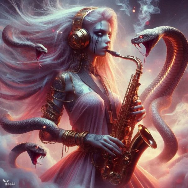 Золотой саксафон и кобра: киберпанк фантазия в деталях. Изображение из нейросети Dalle