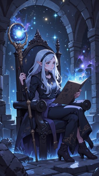 Мудрая эльфийка на черном троне в хрустальной пещере. Генерация из нейронной сети Flux