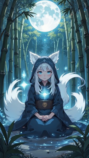 Загадочная кицунэ в бамбуковой чаще под лунным сиянием. Картинка из нейросети Flux