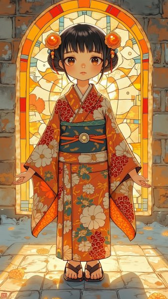 Кеши-кукла в кимоно из витражного стекла и внутреннего сияния. Картинка из нейронной сети Flux.1