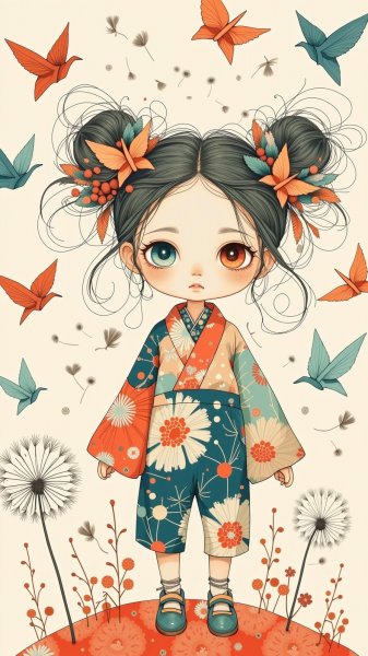 Нежная кукла шибори в пастельных тонах и стайка оригами журавликов. Нейросеть Flux 1