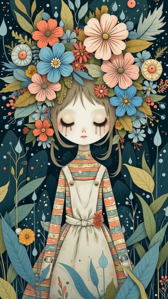 Меланхолия куклы: слезы и батик в сказочном лесу. Картинка из нейронной сети Flux 1