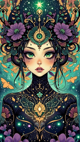 Загадочная готика: завораживающая иллюстрация девушки с таинственным макияжем и ярким фоном. Изображение из нейросети Flux Ai