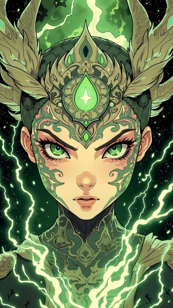 Воинственная принцесса: Иллюстрация в чернилах и зеленом свете. Нейронная сеть Flux Ai