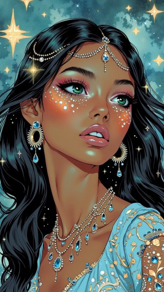 Неземная красота: звездный взгляд и сияющие губы. Изображение из нейронной сети Flux 1