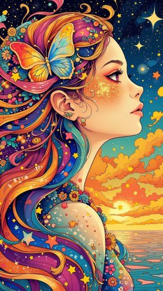 Девушка в космическом стиле с яркими красками и галактическим фоном. Картинка из нейронной сети Flux.1