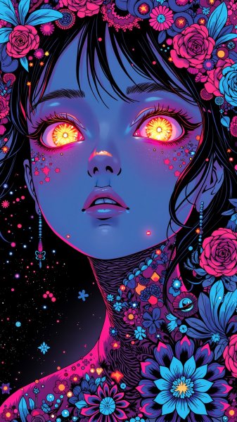 Неоновая девушка: очарование в чернилах и свете звездного сияния. Картинка из нейронной сети Flux.1