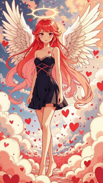Загадочная купидонша в черном: волшебный мир любви и фантазии. Картинка из нейросети Flux