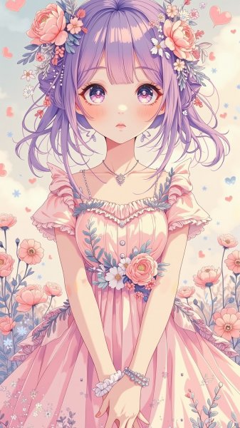 Милая девушка с фиолетовыми волосами в цветочном платье на нежном фоне. Изображение из нейронной сети Flux.1