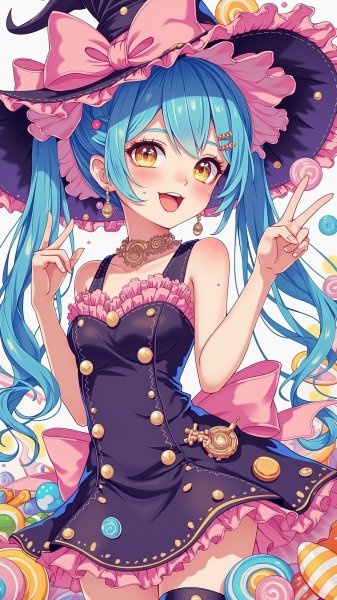 Очаровательная девушка-волшебница с синими косичками и конфетами. Нейронная сеть Flux