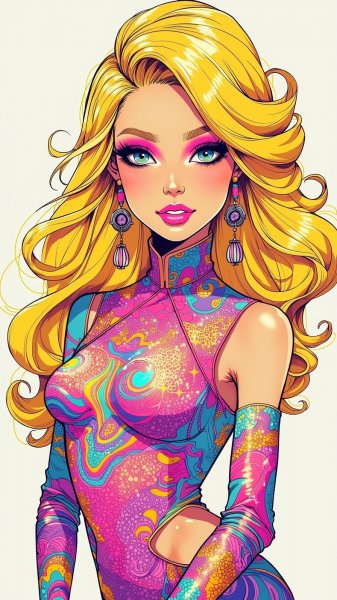 Яркая неоновая модель в стиле восьмидесятых: психоделическое великолепие и блеск. Картинка из нейронной сети Flux