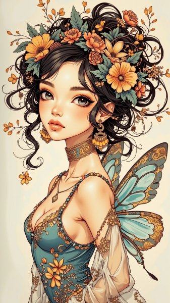 Волшебная фея в ярком цветочном образе. Изображение из нейронной сети Flux