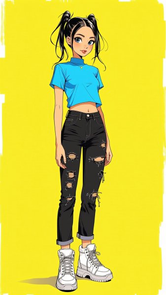 Яркий образ: дерзкая модель в неоновых тонах и джинсах с дырами. Генерация из нейросети Flux Ai