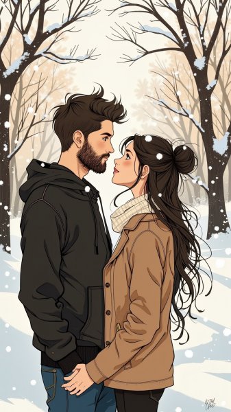 Молодая пара в зимнем пейзаже, любовь и нежность. Картинка из нейросети Flux.1