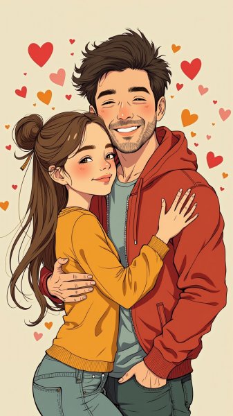 Нежная любовь: романтическое объятие молодой пары в ярком стиле иллюстрации. Нейросеть Flux