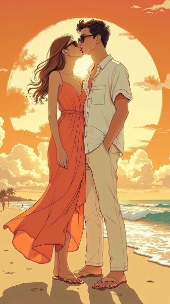 Закат на пляже: романтическая встреча в стиле иллюстрации. Генерация из нейросети Flux Ai