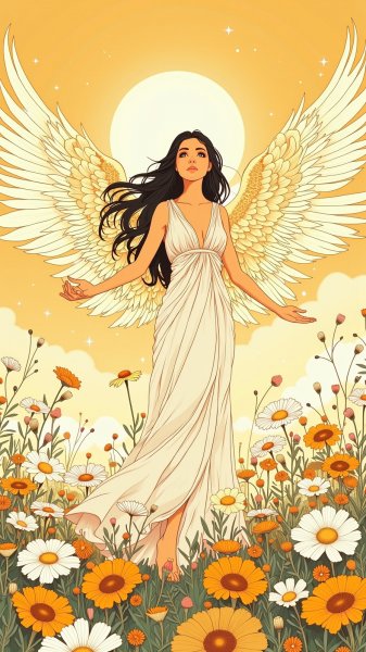 Богиня радости в поле цветов: нежная иллюстрация. Нейронная сеть Flux 1