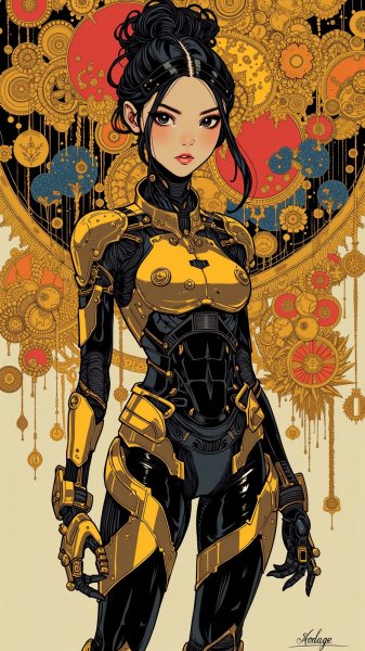 Неоновый киберпанк: женщина в золоте и черном в стиле неосюрреализма восьмидесятых. Картинка из нейронной сети Flux 1