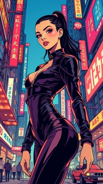 Неоновая роковая красотка в киберпанк стиле и чернилах. Генерация из нейронной сети Flux 1