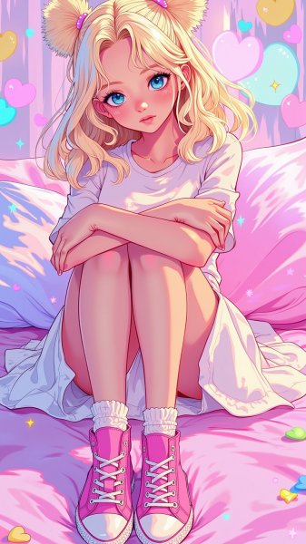 Неоновая красотка в розово-белом образе и светящемся окружении. Картинка из нейронной сети Flux.1