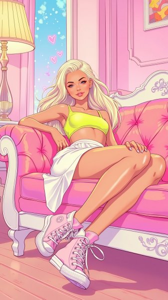 Нежная блондинка в пастельной атмосфере. Изображение из нейросети Flux.1