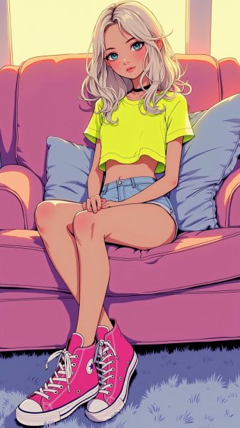 Девушка в неоновом топе и розовых кроссовках: уютный сон. Генерация из нейронной сети Flux 1