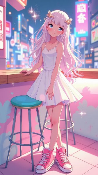 Девушка в белом и розовом: спокойствие городского вечера. Нейросеть Flux 1