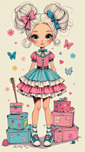 Девочка с платиновыми волосами в ярком платье среди пастельных декораций. Картинка из нейронной сети Flux 1