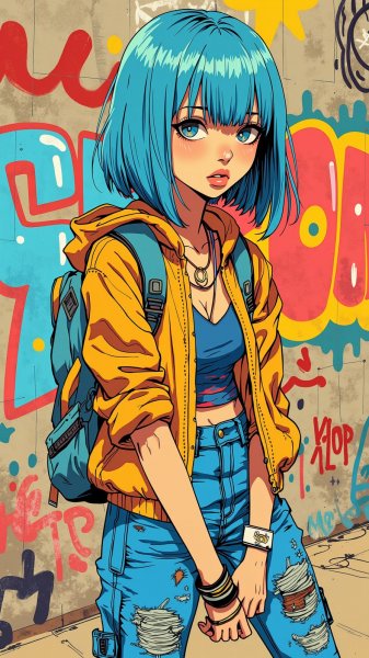 Яркая красотка с голубыми волосами в стильном городском пейзаже. Изображение из нейронной сети Flux 1