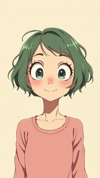 Весёлый мультяшный персонаж с зелёными волосами и игривым выражением лица. Генерация из нейронной сети Flux.1