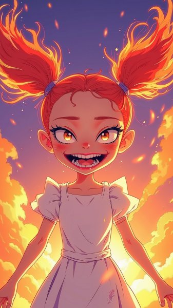 Огненные хвостики и широкая улыбка: гротескный мультяшный персонаж в белом платье. Нейронная сеть Flux Ai