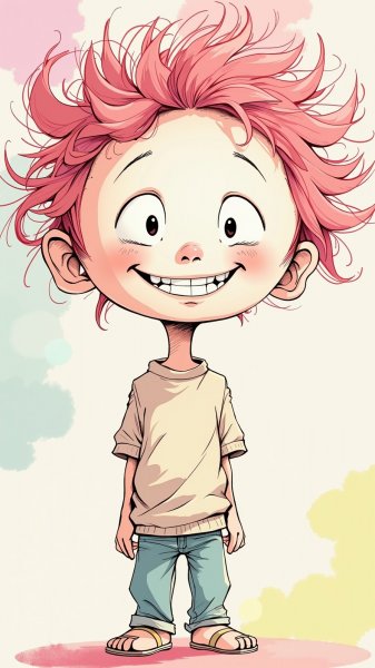 Весёлый персонаж с розовыми волосами и широкой улыбкой. Генерация из нейронной сети Flux 1