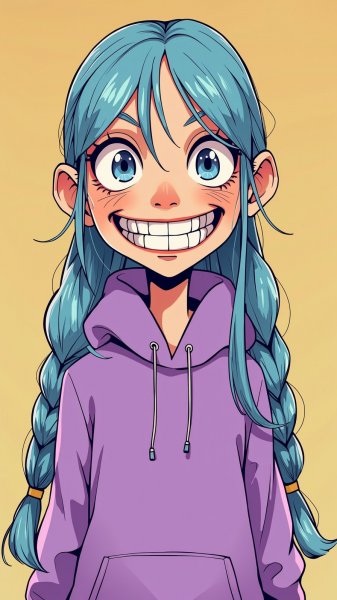 Яркий персонаж мультфильма с голубыми косичками и гипертрофированными чертами. Изображение из нейросети Flux Ai