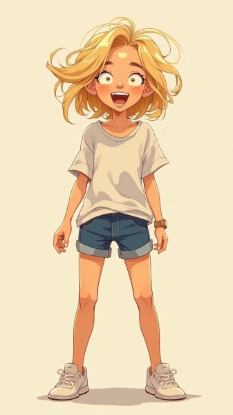 Веселый персонаж с золотыми кудрями и яркими глазами. Картинка из нейронной сети Flux