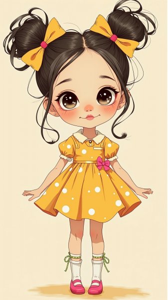 Кукла-девочка: игривый карикатурный стиль и яркие краски на пастельном фоне. Картинка из нейросети Flux 1